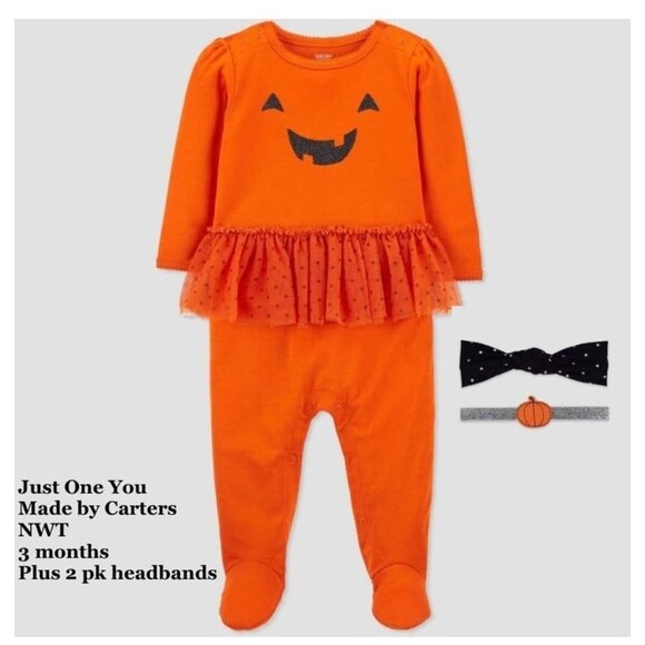Size 3 months Halloween Carter's Pumpkin Skirted Sleeper PLUS 2 pack headbands - Picture 1 of 1